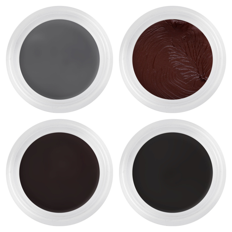 HD Cream Liner Set – vier Farben von Kryolan: Aubergine, Cacao, Ebony und State Grey in runden Tiegeln.
