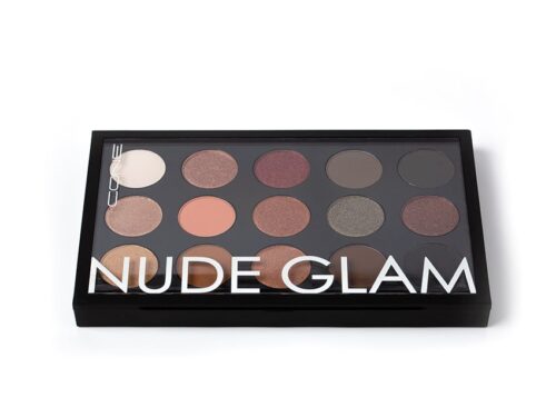 CONE Nude Glam Palette in schwarzer Verpackung mit transparentem Deckel und sichtbar angeordneten 15 Nude-Lidschattenfarben.