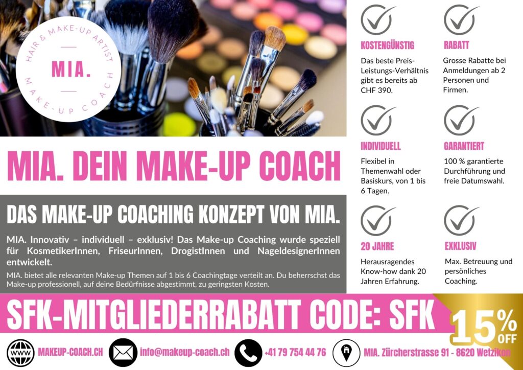MIA Make-up Coaching Angebot mit SFK Mitgliederrabatt, Infos zu Kursen, Vorteilen und Kontakt