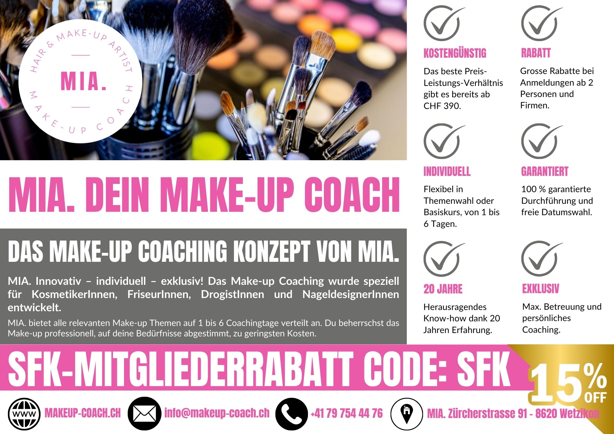 MIA Make-up Coaching Angebot mit SFK Mitgliederrabatt, Infos zu Kursen, Vorteilen und Kontakt
