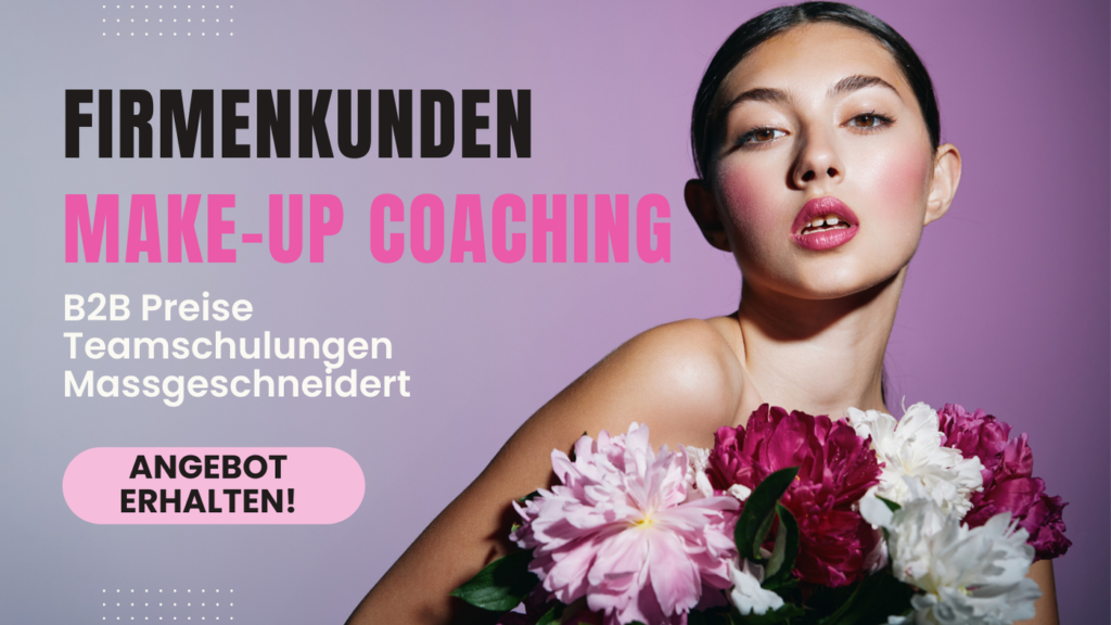 Frau mit frischem Make-up Look und Blumen vor dem Körper – modernes Make-up Coaching für Firmenkunden