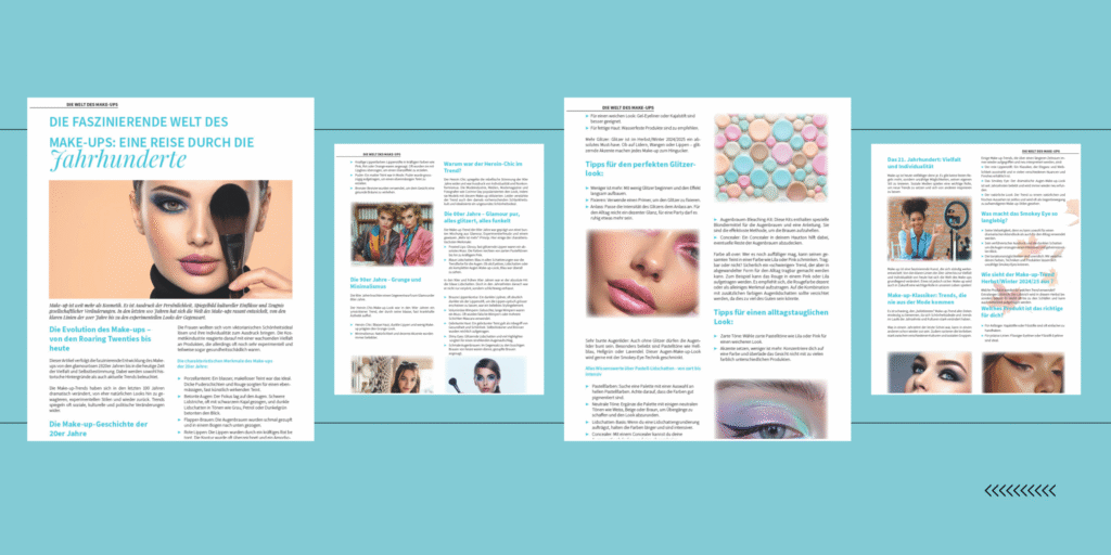 Magazinartikel über die Geschichte des Make-ups mit mehreren gestalteten Seiten, Bildern und Texten zu Trends und Entwicklungen