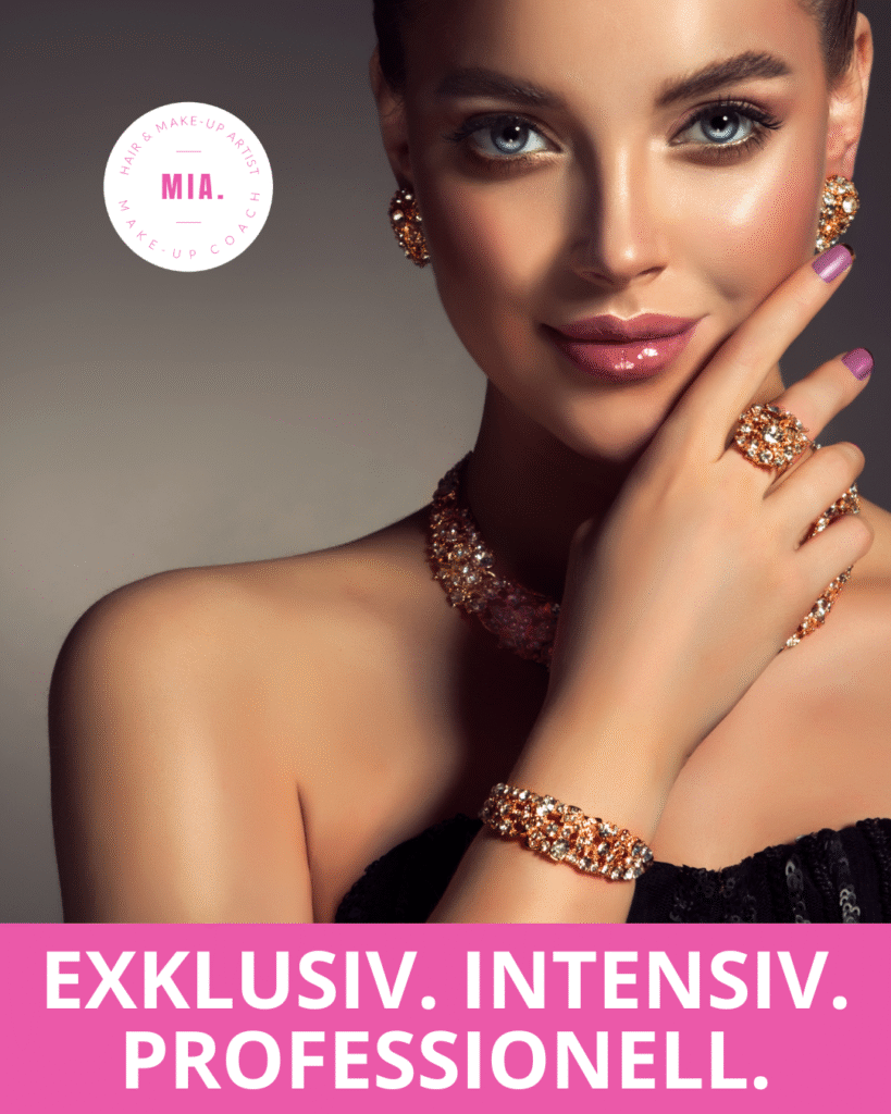 Nahaufnahme eines glamourösen Beauty-Looks mit Glow-Finish, ideal für Airbrush Make-up Training bei MIA. Dein Make-up Coach