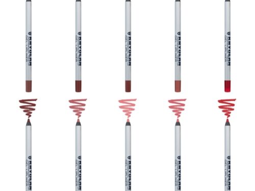 10 Kryolan Gel Lipliner in verschiedenen Farbtönen von Nude über Rosa bis kräftigem Rot, angeordnet in zwei Reihen, mit sichtbarem Farbswatch oberhalb der Stifte.