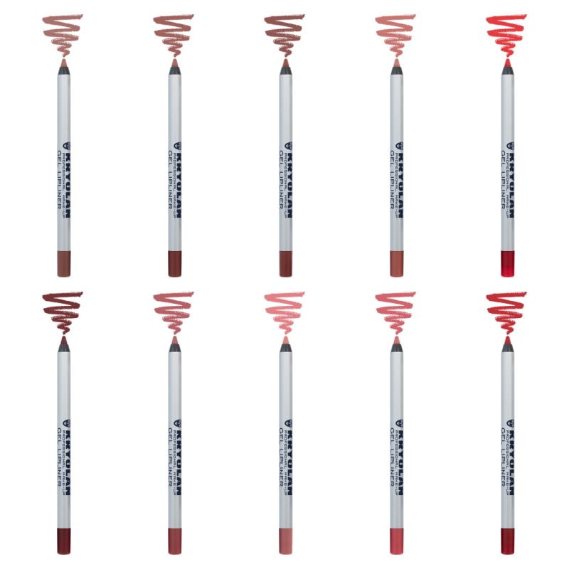 10 Kryolan Gel Lipliner in verschiedenen Farbtönen von Nude über Rosa bis kräftigem Rot, angeordnet in zwei Reihen, mit sichtbarem Farbswatch oberhalb der Stifte.