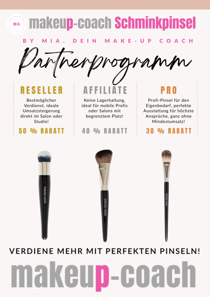 makeup-coach Partnerprogramm: drei Modelle für Coiffeursalon, Kosmetikstudio und Make-up Artists – Reseller 50 % Rabatt, Affiliate 40 % Rabatt, Pro 30 % Rabatt.