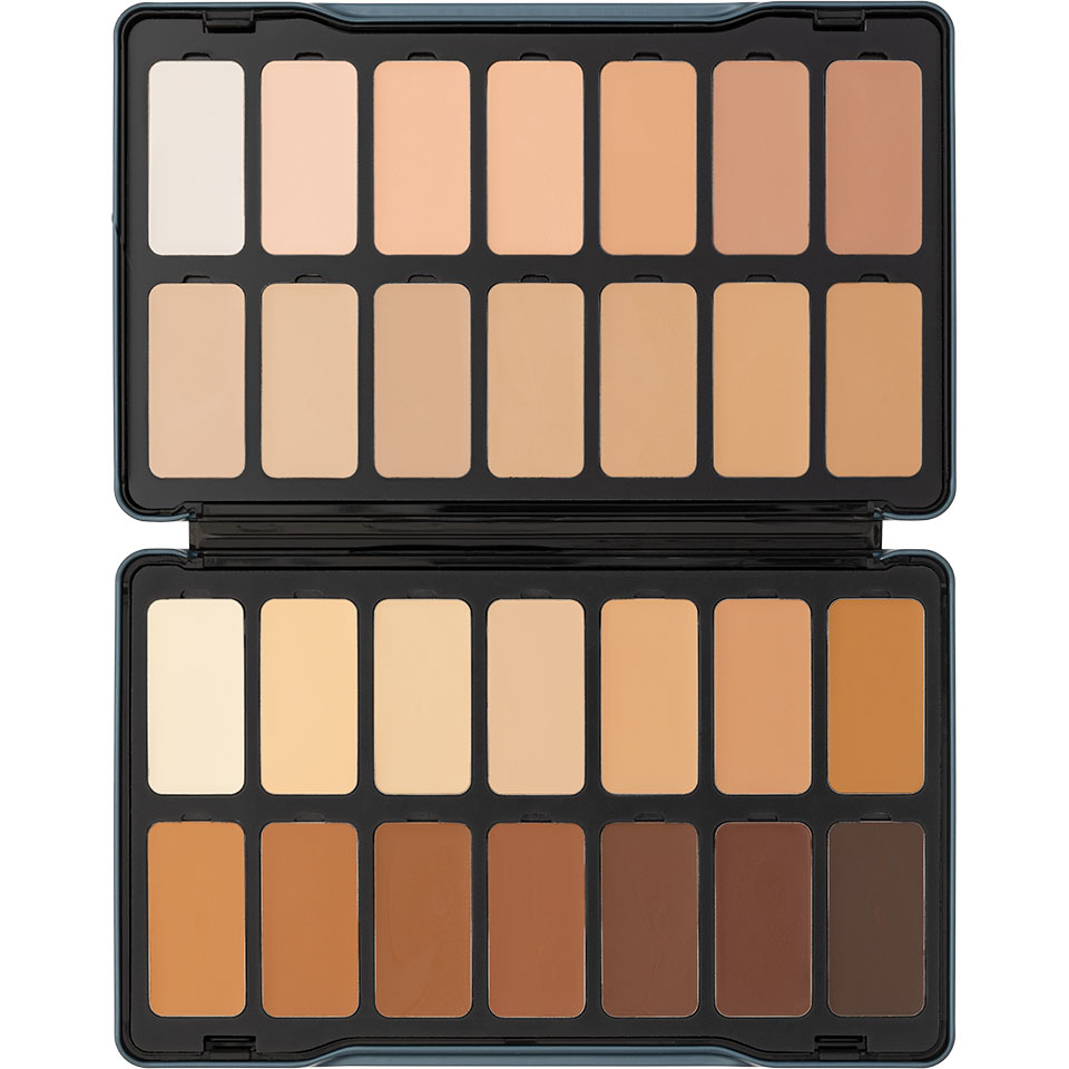 Nahaufnahme der Digital Complexion Cream Foundation Palette mit 28 Nuancen