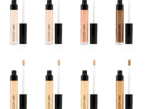 CONE HD Pro Concealer in acht verschiedenen Farbtönen in geöffneten Tuben mit Applikator – Farbübersicht für variable Concealer-Auswahl.