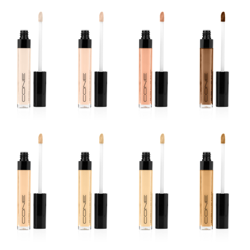 CONE HD Pro Concealer in acht verschiedenen Farbtönen in geöffneten Tuben mit Applikator – Farbübersicht für variable Concealer-Auswahl.