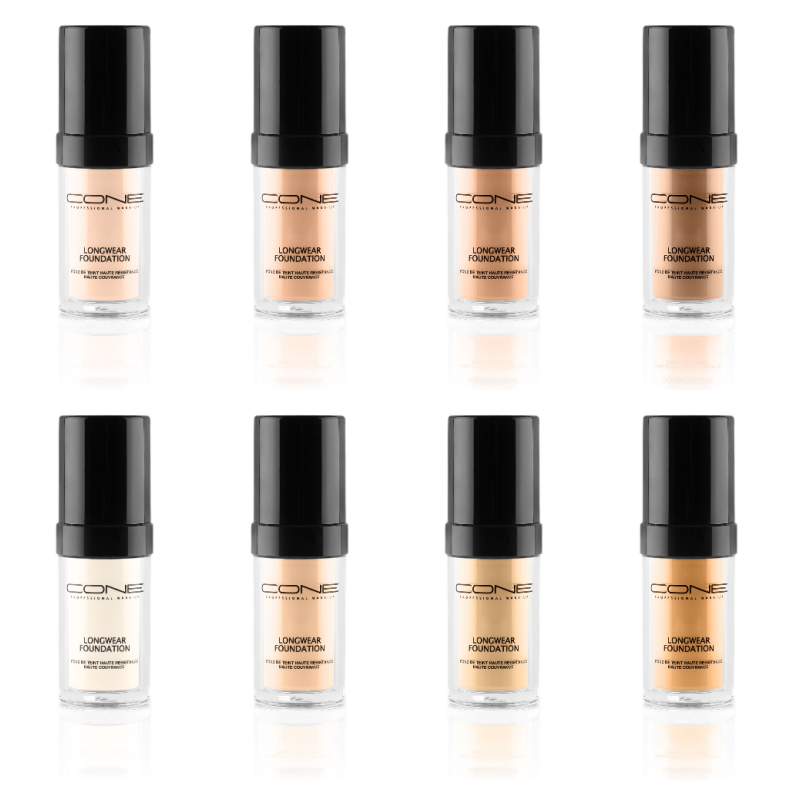 CONE Longwear Foundation in 8 verschiedenen Farbtönen – matte, langhaltende Foundation in eleganten Fläschchen.
