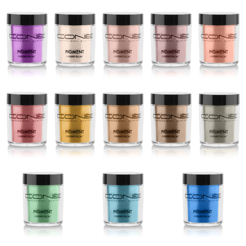 CONE Pearl Pigmente in 13 Farben – hochpigmentierte Perlglanz-Puder in transparenten Döschen für Augenmake-up und Highlighter.
